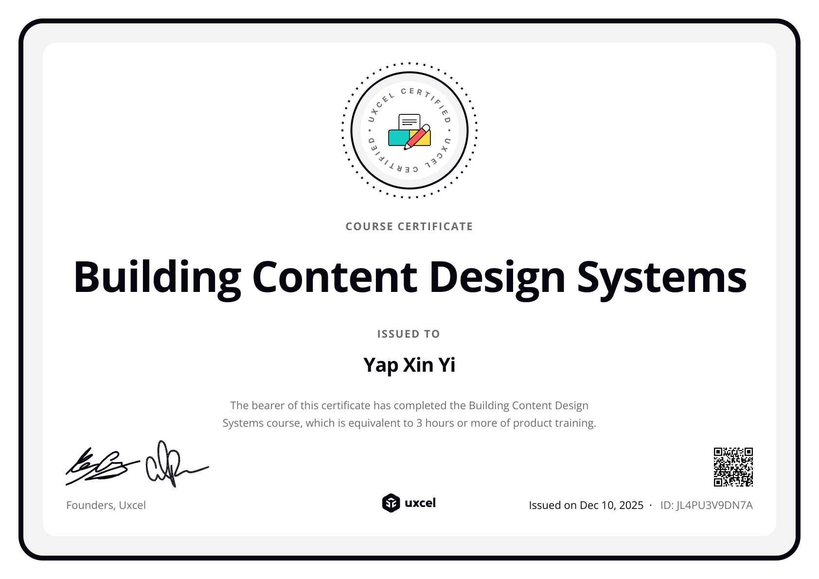 Yap Xin Yi's certificate